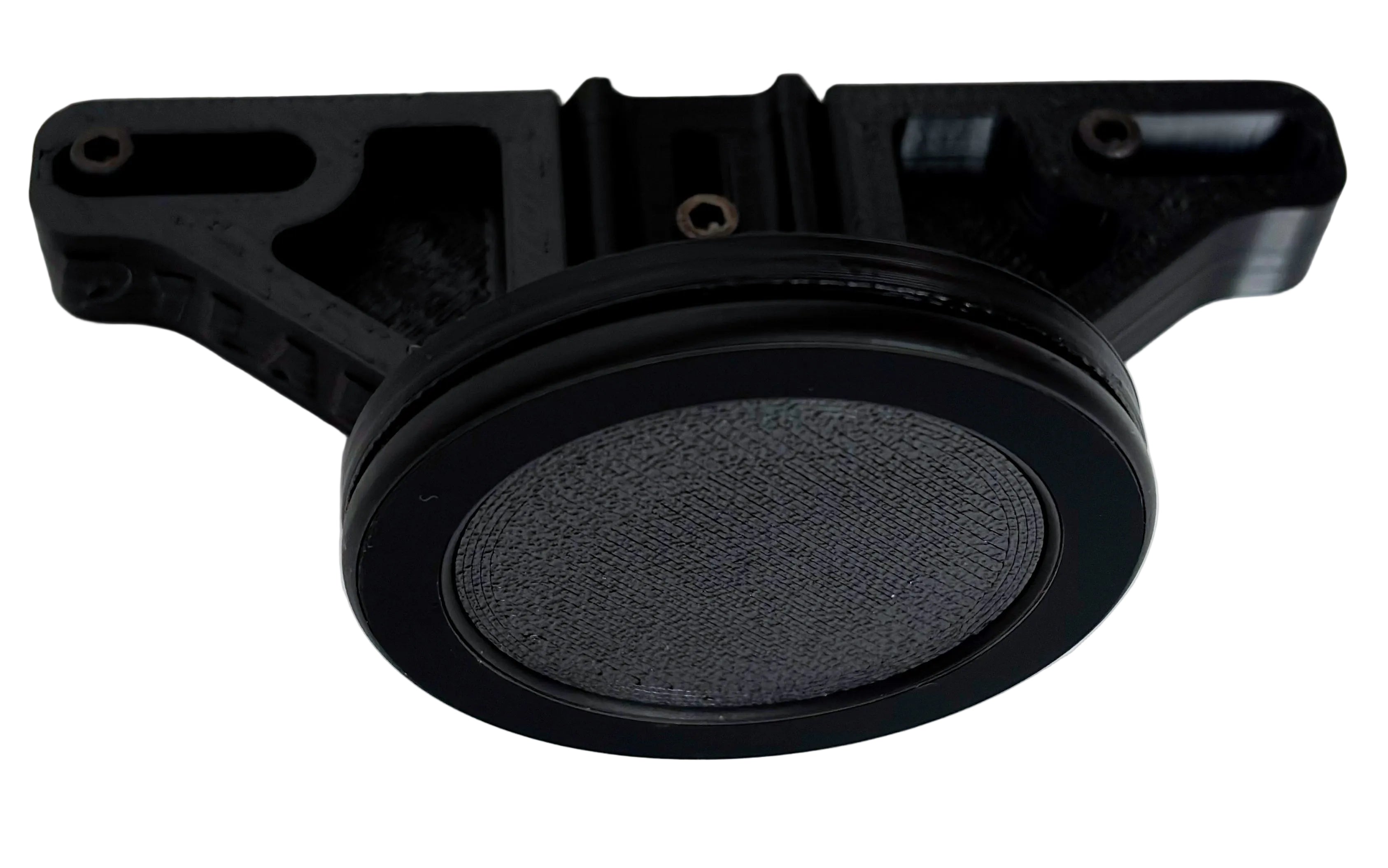 Black mechanical component on a white background. The phone mount assembled but not attached to the wheel base.